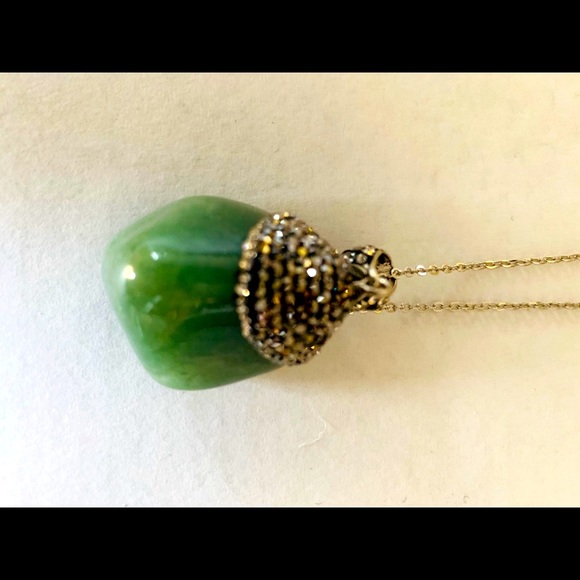 New Elegant green semi-precious stone pendant necklace shiny rhinestones & chain - Picture 3 of 7